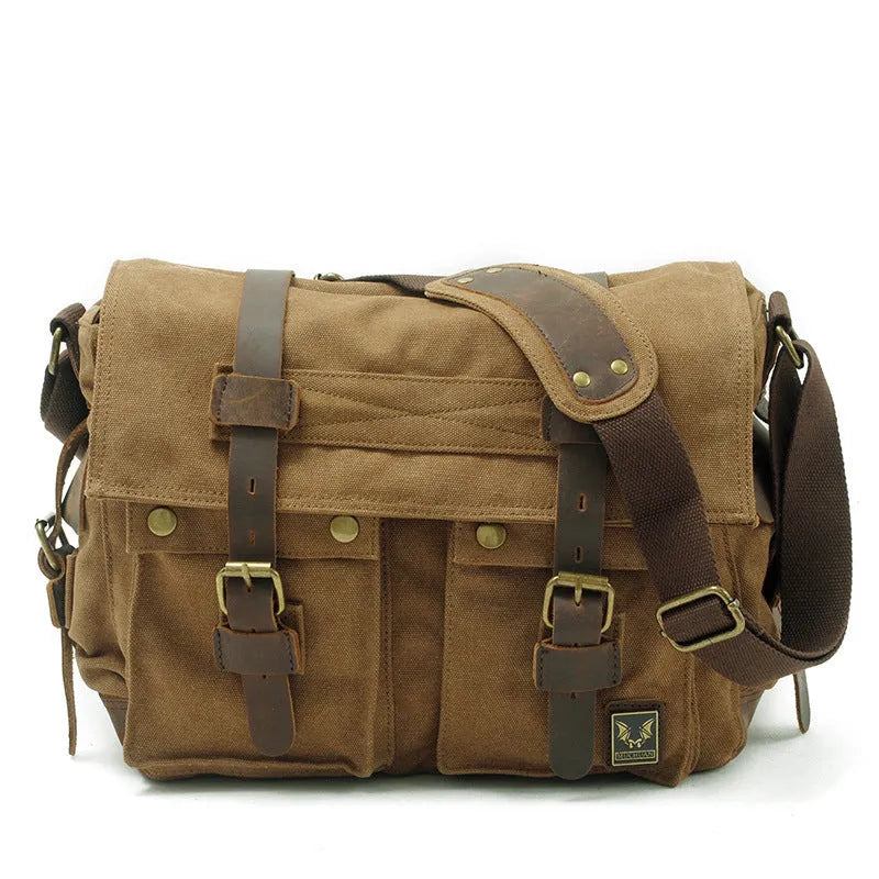 Men's army green canvas crossbody shoulder bag with a brown leather flap and single strap.