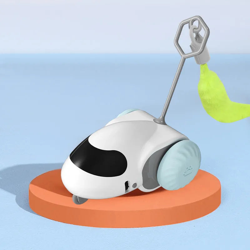 Smart running car electronic cat toy in light grey blue with motion sensors and Type-C charging port