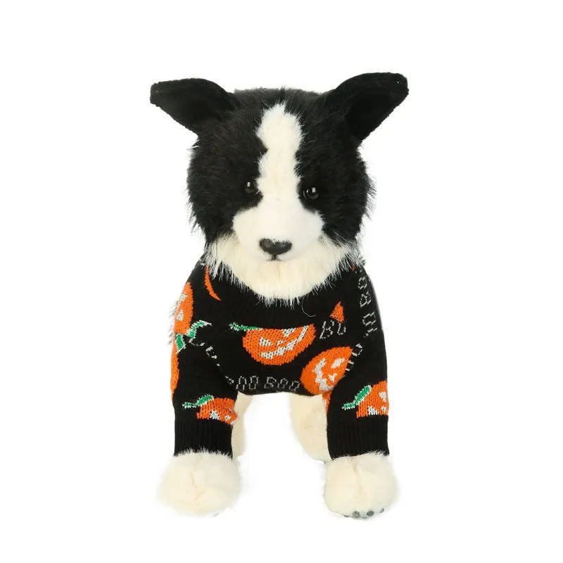 Black dog sweater with orange Halloween pumpkin pattern, shown in multiple sizes