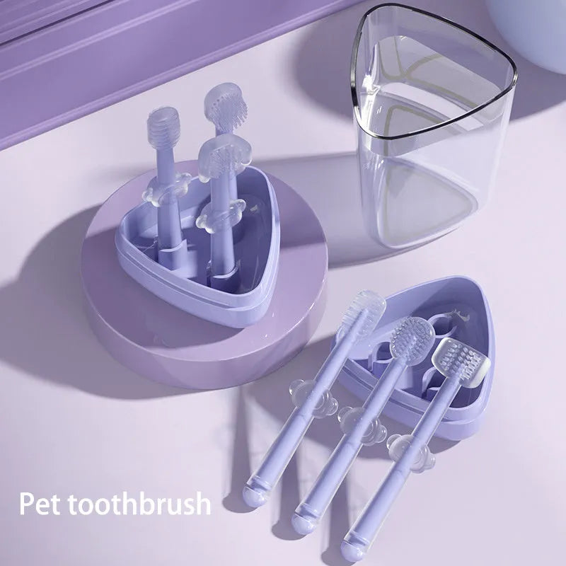 Purple silicone pet toothbrush for cat and dog dental care with soft bristles