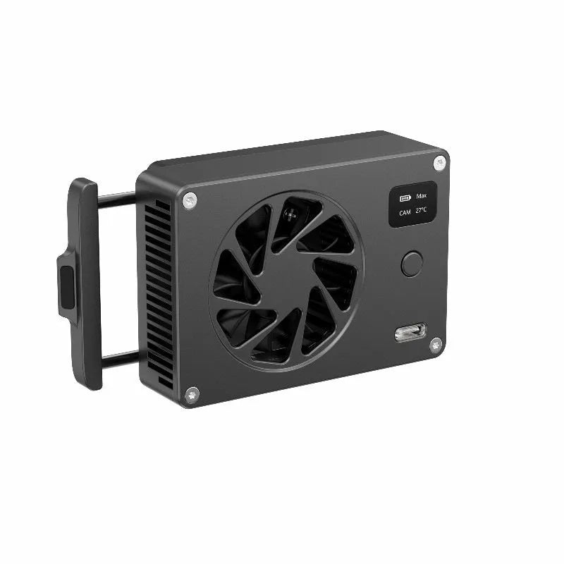 Black aluminium alloy smart cooling radiator with integrated quiet fan measuring 89x52x25.95mm