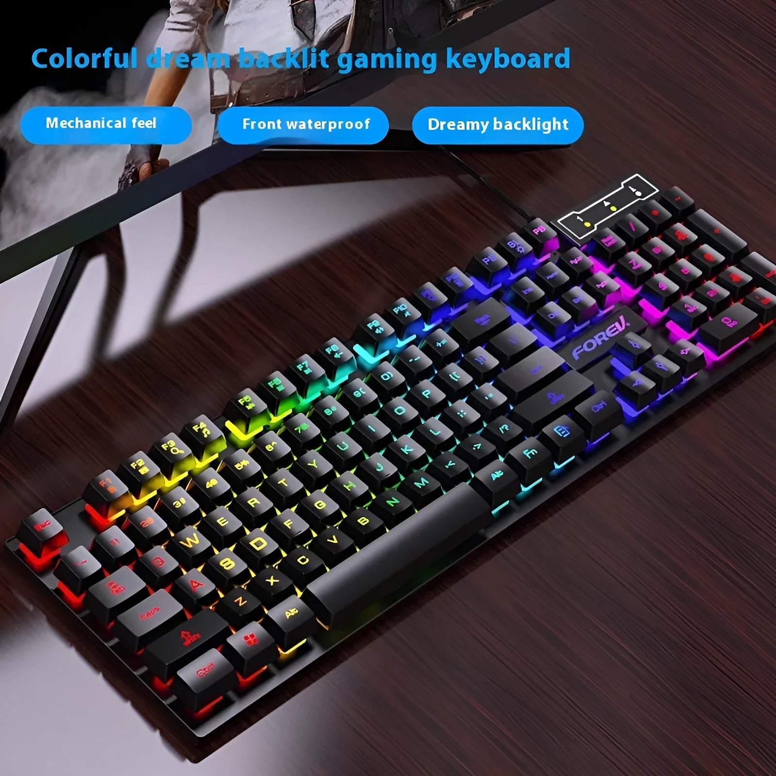 Black 104-key mechanical gaming keyboard with backlight, optional mouse package, 37.5cm width