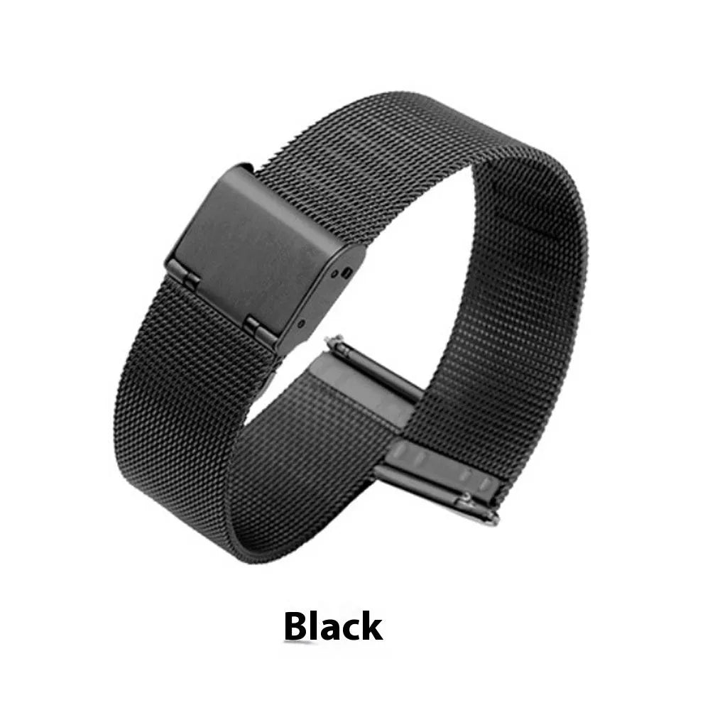 Milani silk woven stainless steel watch band replacement strap with metal clasp in silver, black, rose gold, and gold.