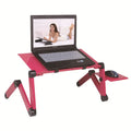 Red folding metal bed table with cooling fans and laptop surface extended