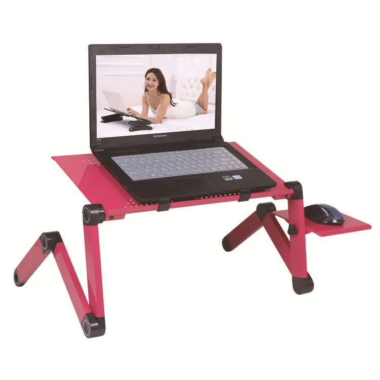 Red folding metal bed table with cooling fans and laptop surface extended