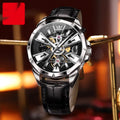 Men's automatic mechanical watch with hollow design showing movement through transparent case back
