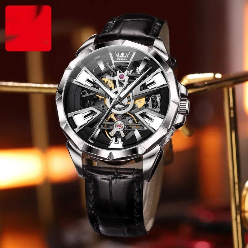 Men's automatic mechanical watch with hollow design showing movement through transparent case back