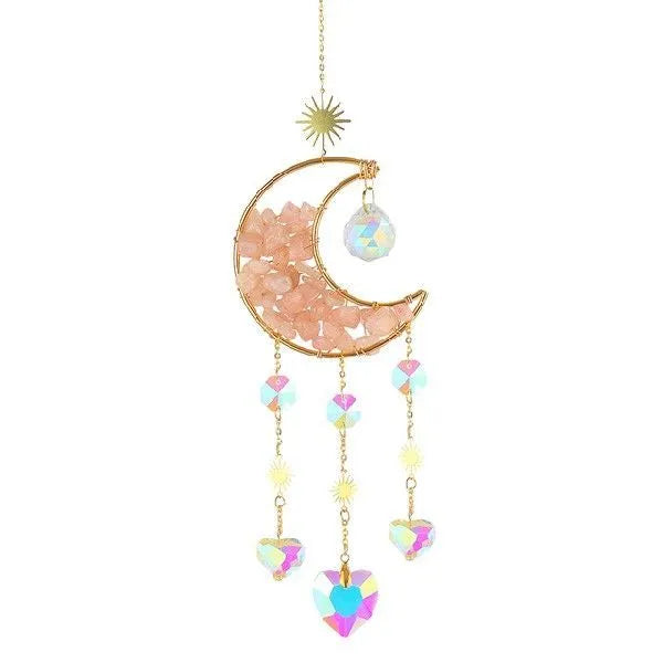 Moon-shaped K9 crystal car pendant hanging from a metal chain, available in blue, green, pink, purple, and white.