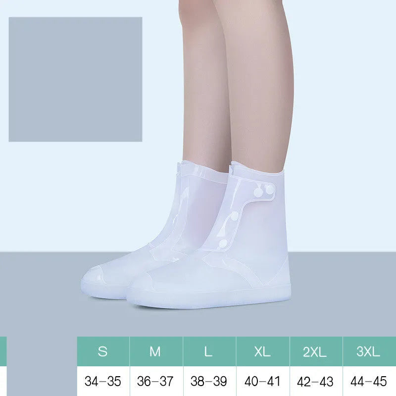 White PVC high top women's water resistant shoe covers with anti-skid soles shown in size options