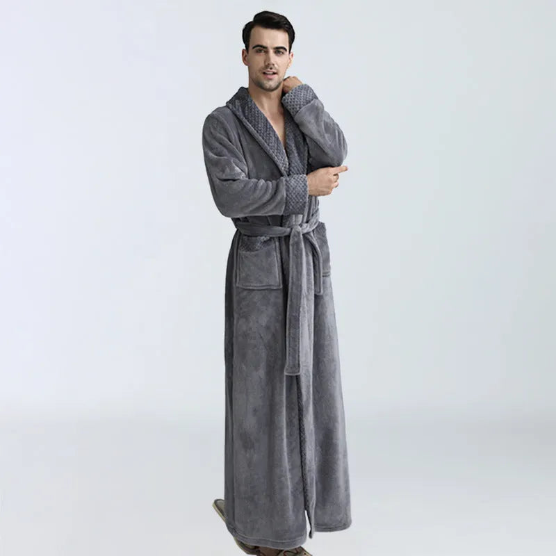 Men's winter coral fleece cardigan nightgown in gray, long sleeves, soft flannel knit for warm sleep