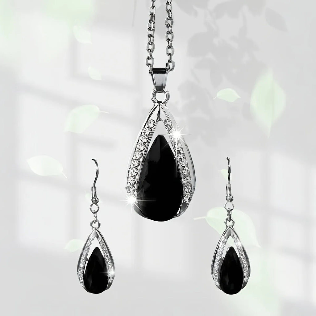 Black and red teardrop glass pendant alloy necklace and matching earrings set