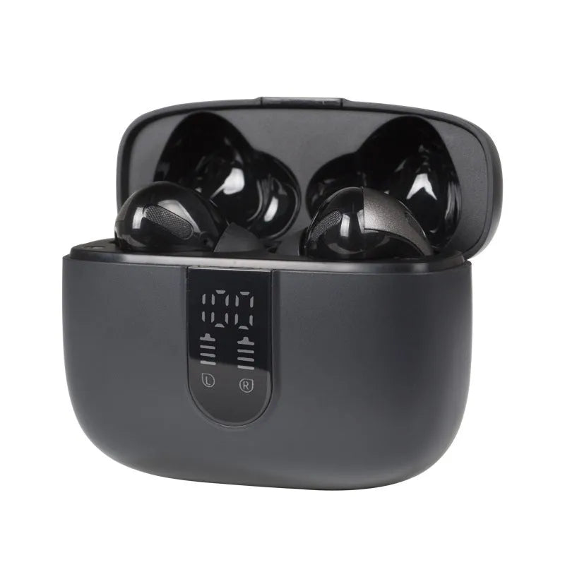 Jerry X08 wireless Bluetooth headset with digital display and charging case in Black, Grey, or White colour options