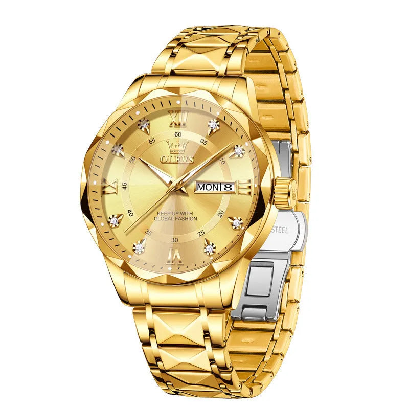 OLEVS 2025 men's luminous waterproof business quartz watch with stainless steel strap, 11mm slim case, steel band blue
