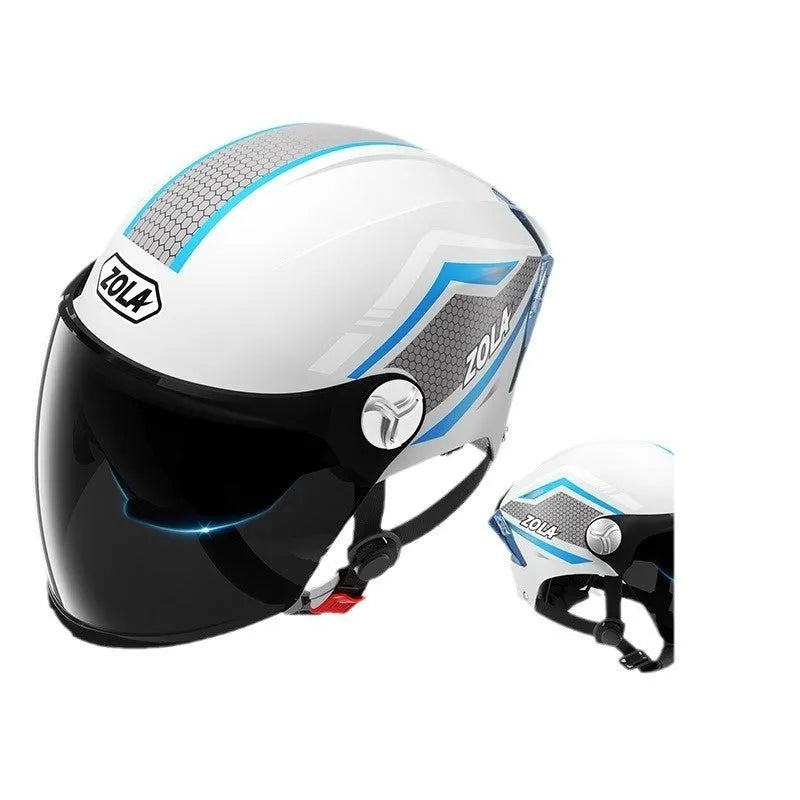 Motorcycle half helmet with double mirror visor in ABS construction, showing universal fit design
