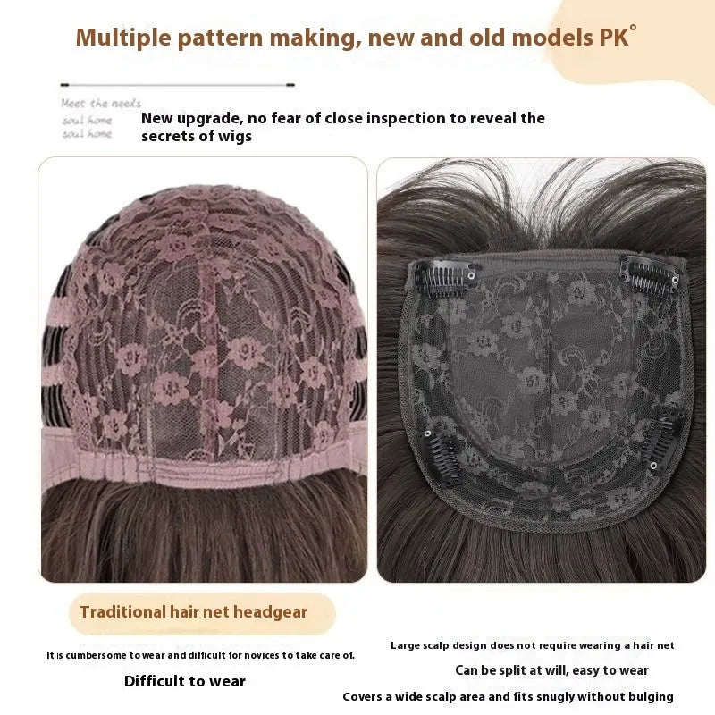 Women's full-head hair net wig in black long straight style with high layering and brown-black root colouration