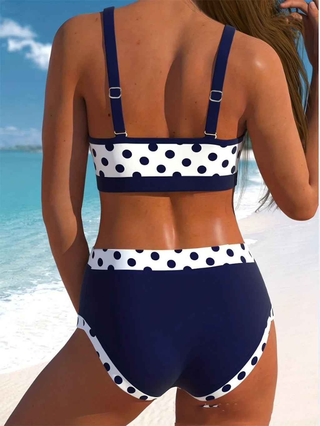 Women's split bikini set with small wave point pattern in multicolour design, conservative briefs style
