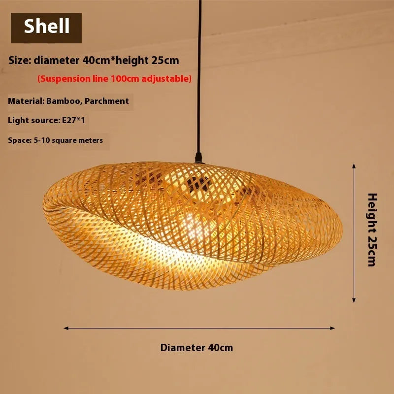 Bamboo chandelier with 40cm natural shell shade hanging as Chinese Zen pendant light