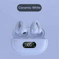 Q80 bone conduction Bluetooth headset clip in black, white, or khaki colour showing ear clip design.