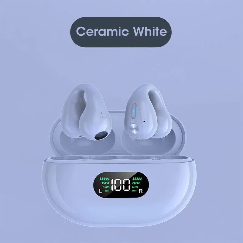 Q80 bone conduction Bluetooth headset clip in black, white, or khaki colour showing ear clip design.
