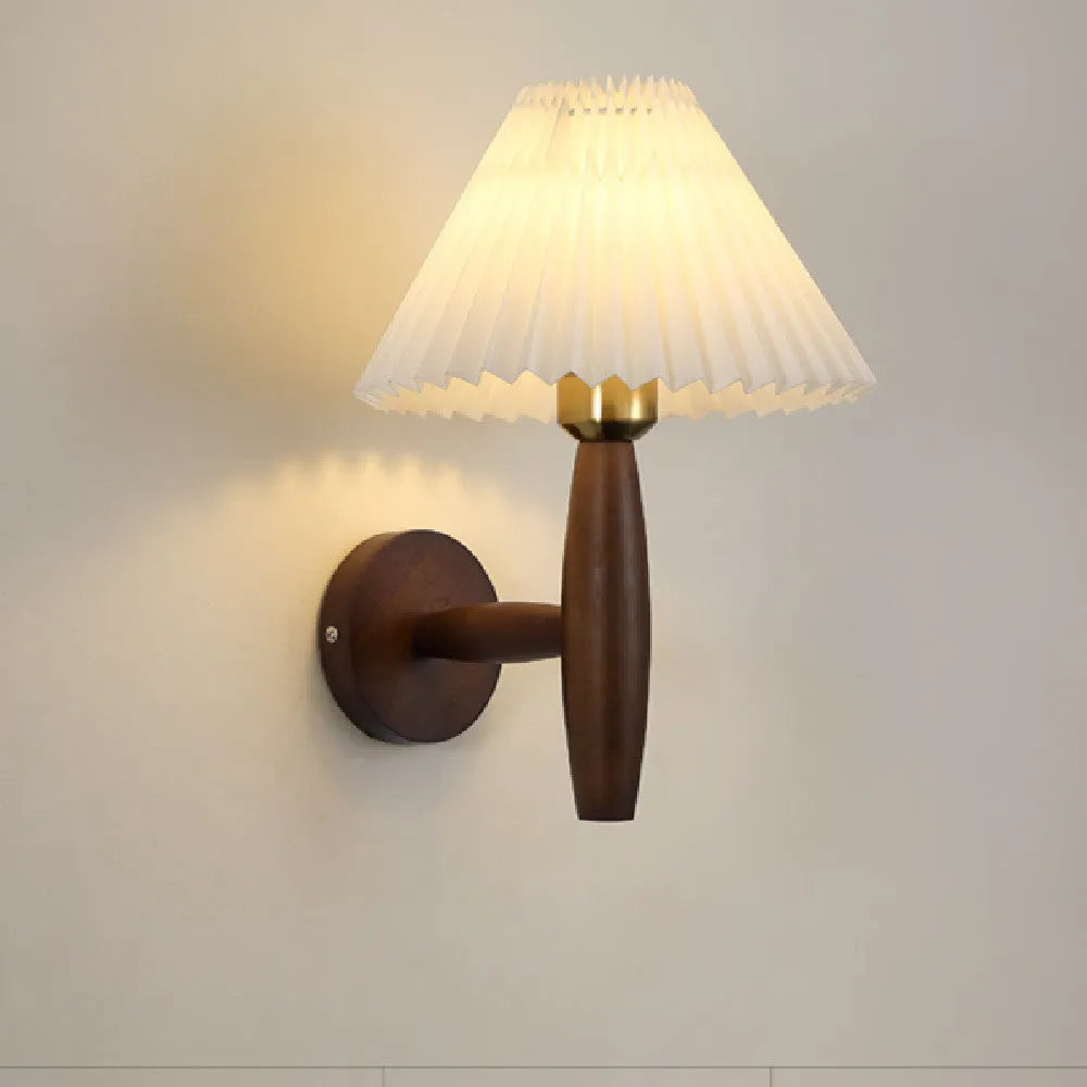 American retro style wall lamp with fabric shade on solid rubber wood mount