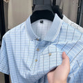 Men's Ice Silk pullover plaid shirt in light gray, loose fit, front view