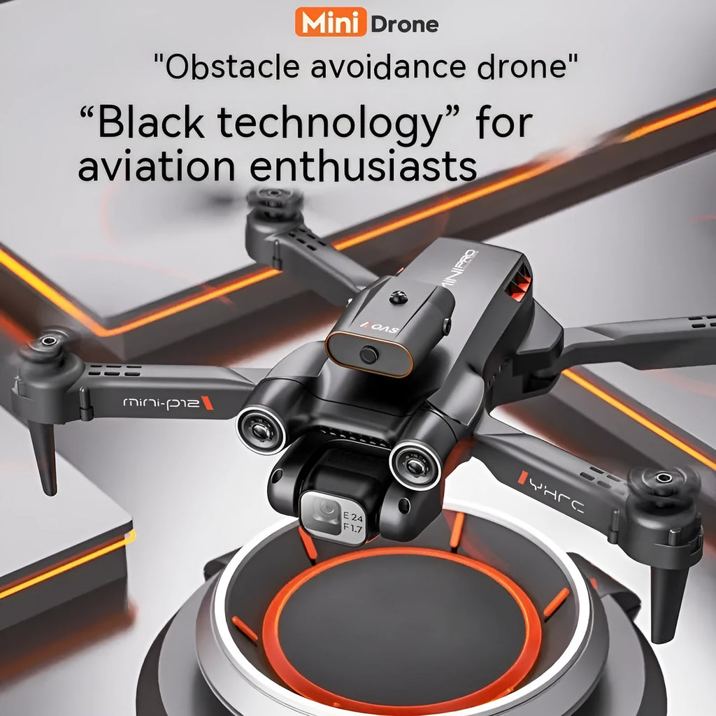 P12 Black and Orange quadcopter drones with HD cameras showing folded and unfolded positions
