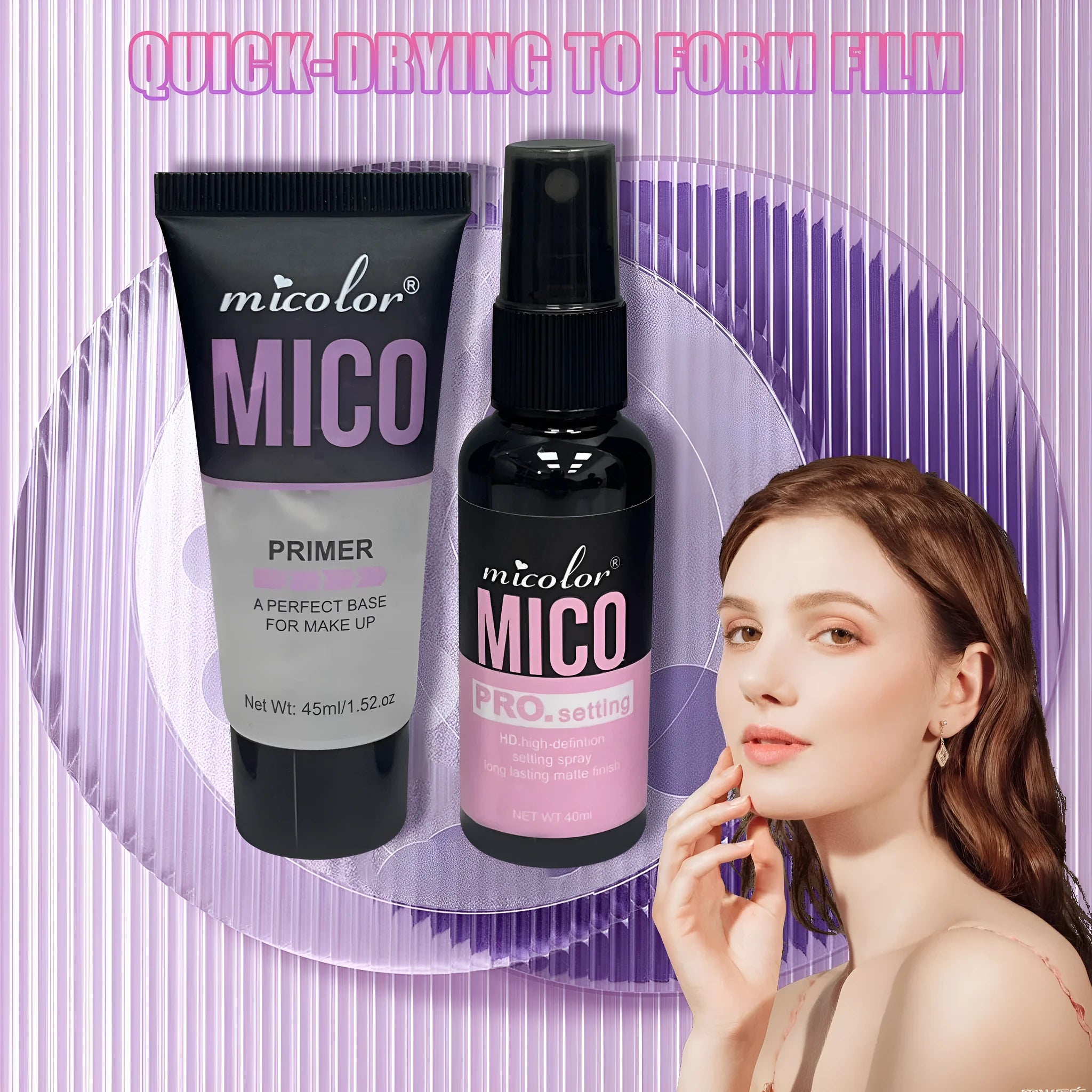 Makeup primer and finishing spray two-in-one product in monochrome packaging