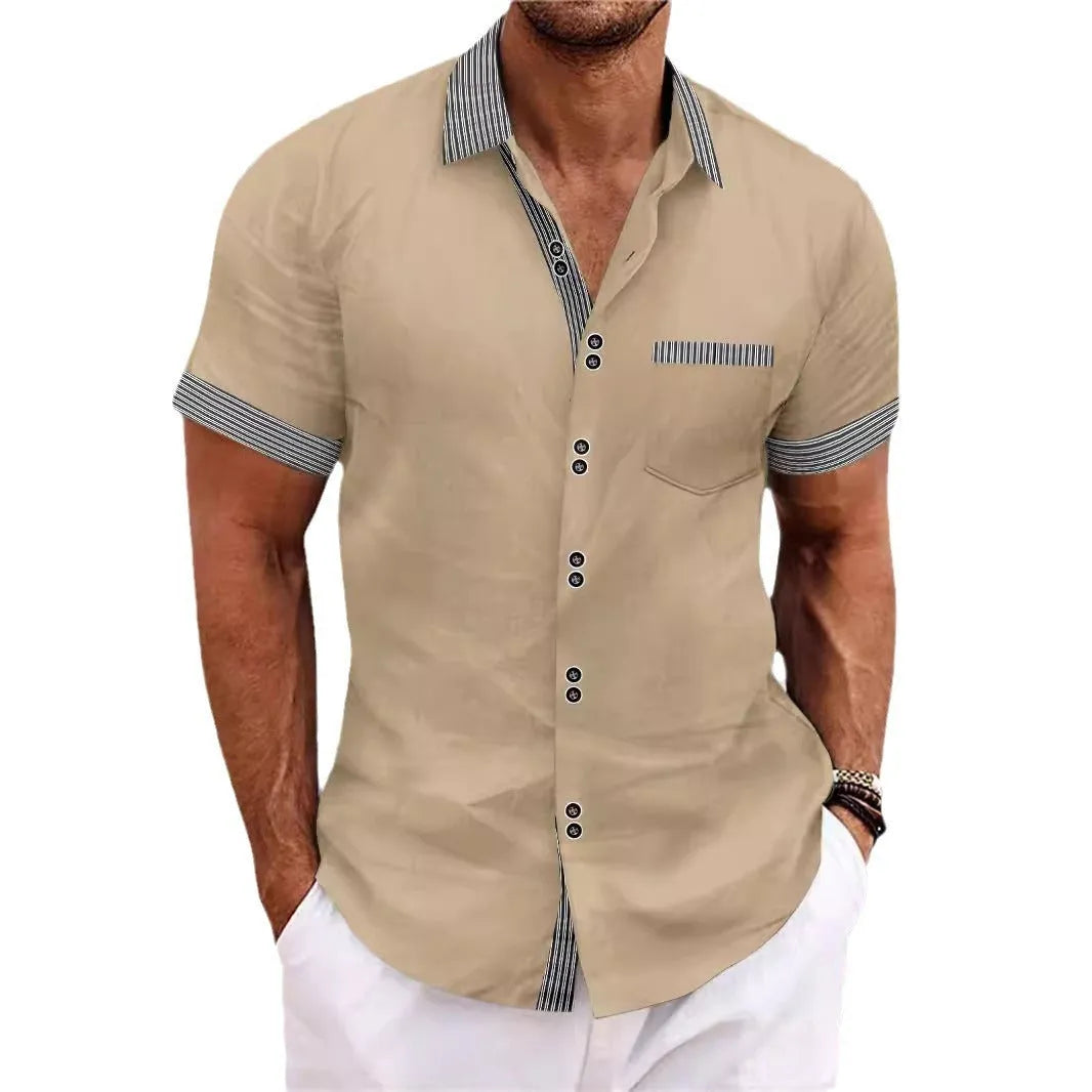 Man's striped short sleeve casual shirt with double-button placket in pure cotton, shown in slim fit.