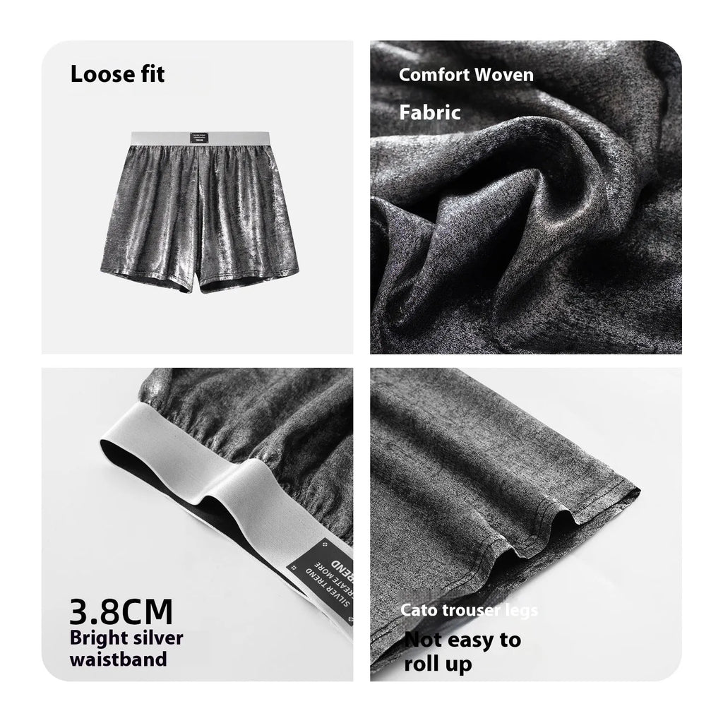 Galaxy reflective bright silver casual woven underwear with loose fit and mid waist design for sports activities