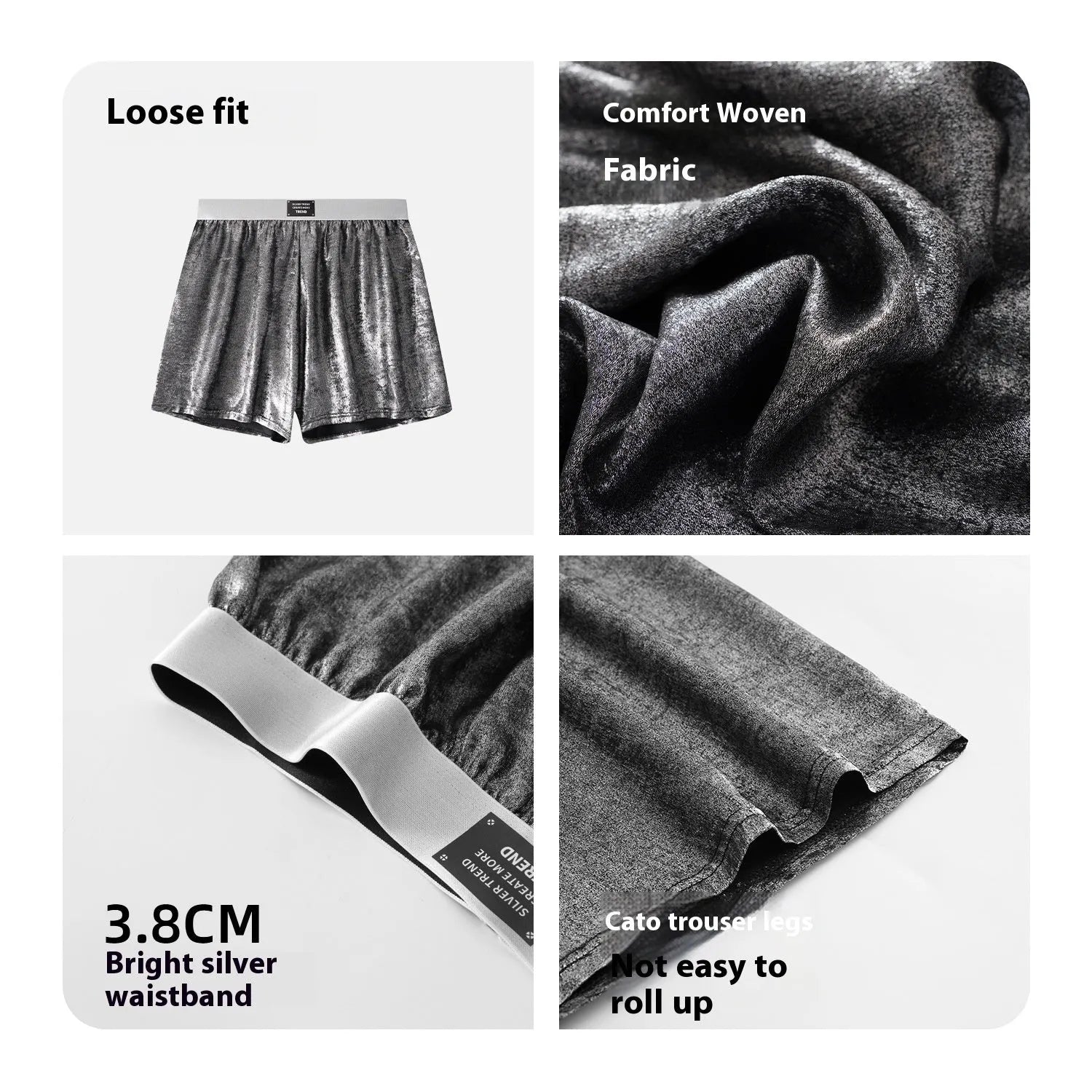 Galaxy reflective bright silver casual woven underwear with loose fit and mid waist design for sports activities