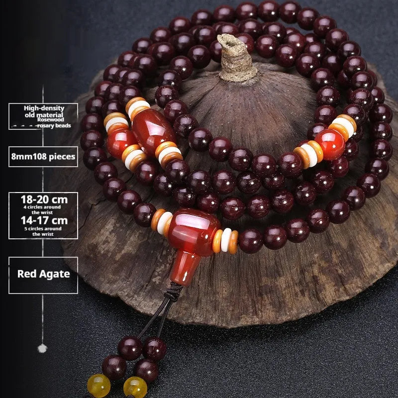 Men's rosewood bead bracelet with 108 beads, shown in a choice of lapis lazuli, turquoise, or red agate styles.