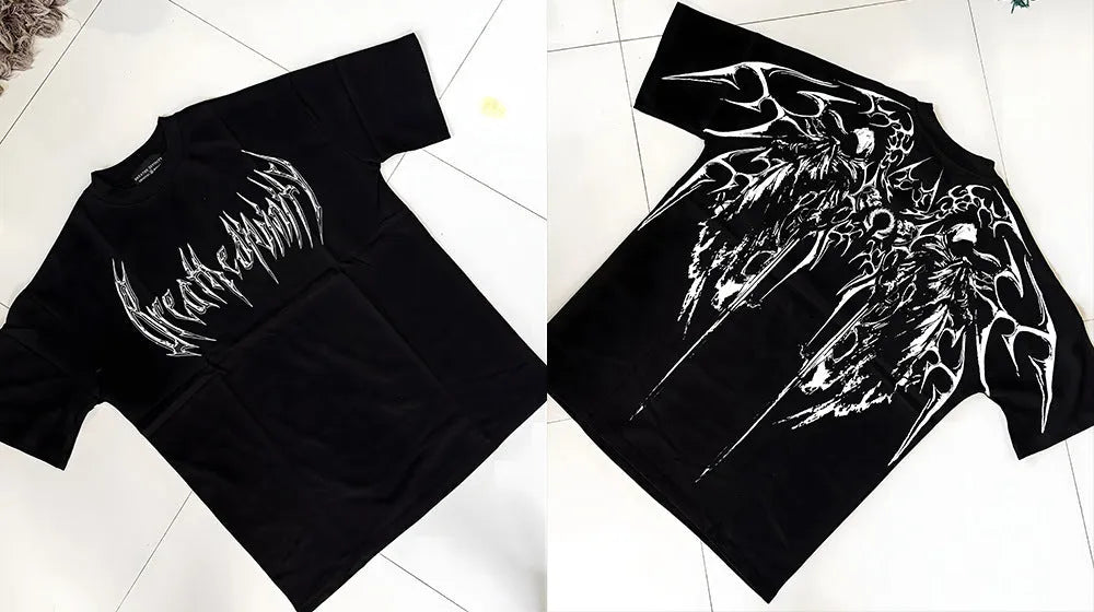 Dark style loose fit plus size cotton short sleeve t-shirt with gold foil detailing
