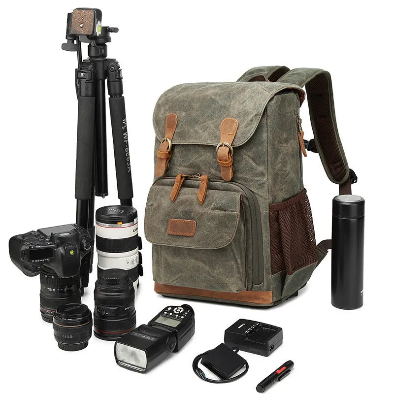 Canvas DSLR camera backpack in khaki colour with backpack straps and camera compartment