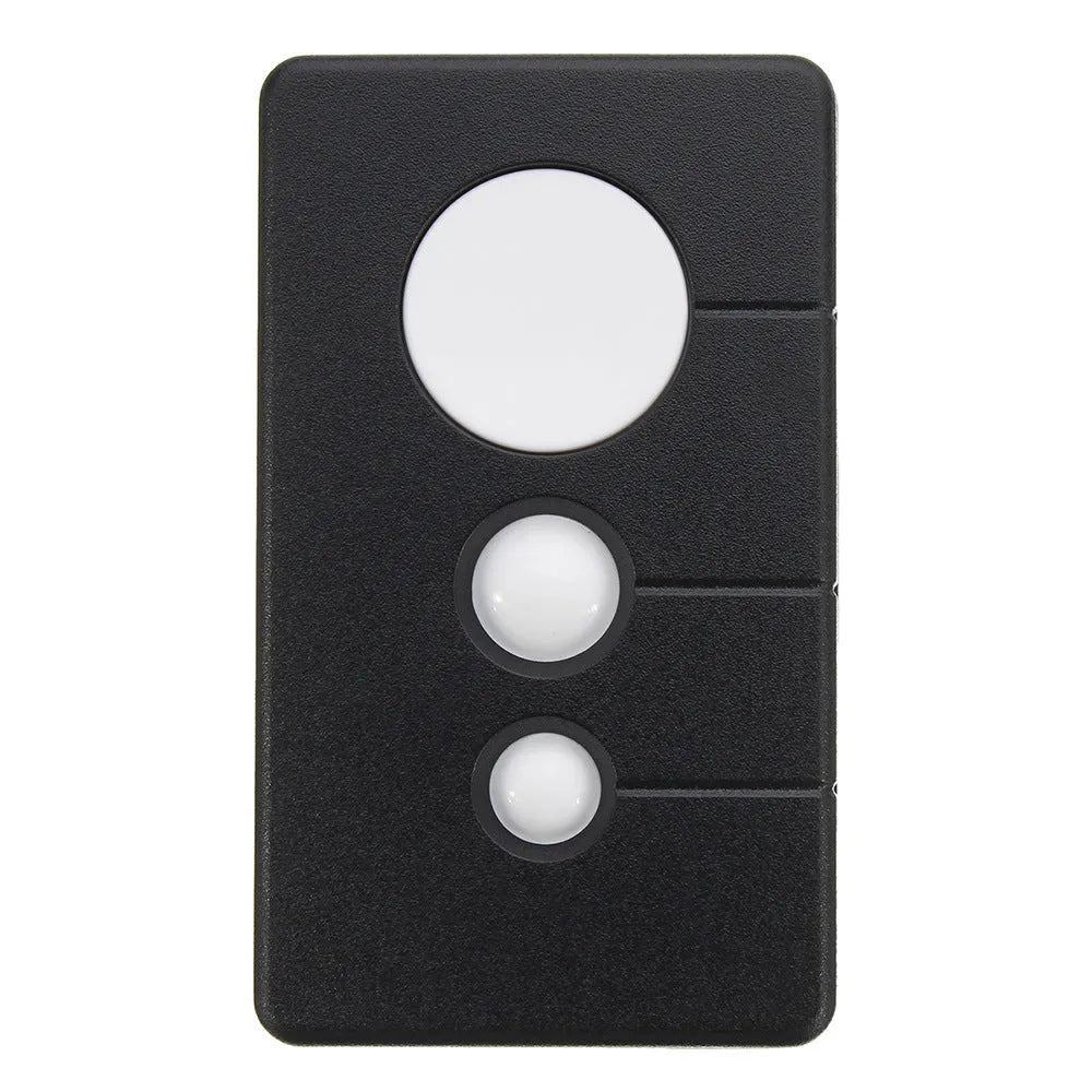 Black three-button garage door remote control on a white background.