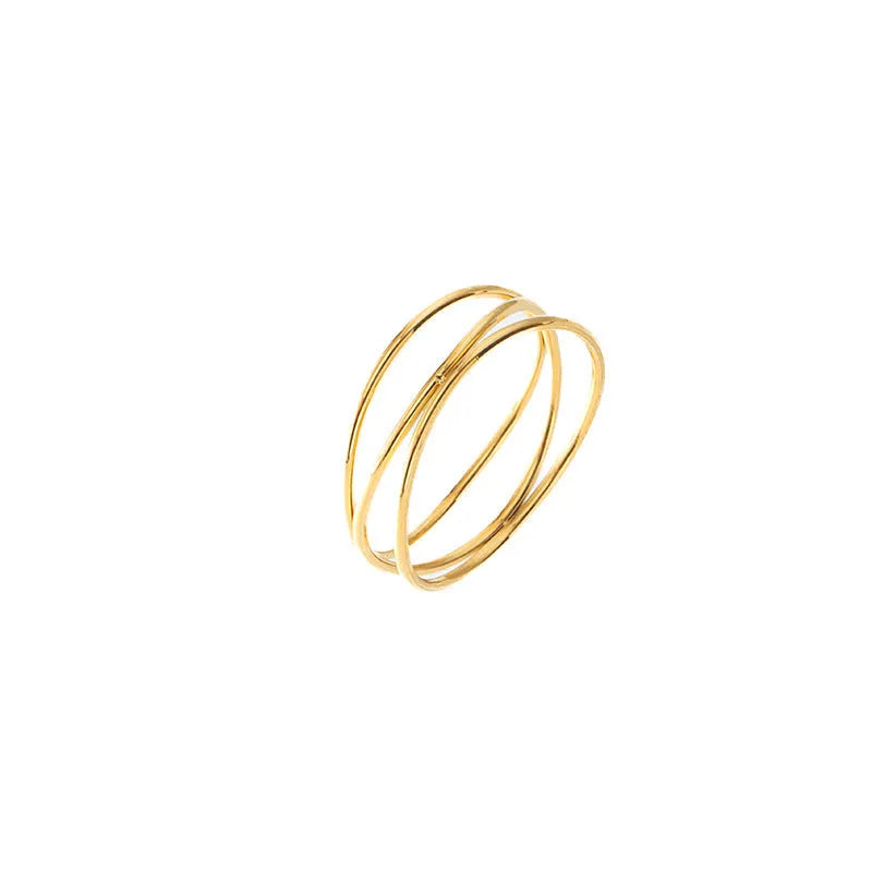Gold geometric line ring with three-layer coil design on titanium steel band