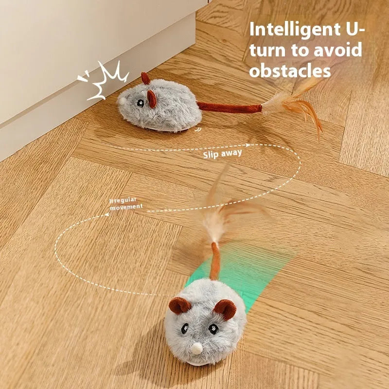 Electric self-hi cat toy with plush mouse on a pole, in pink, grey, or purple.