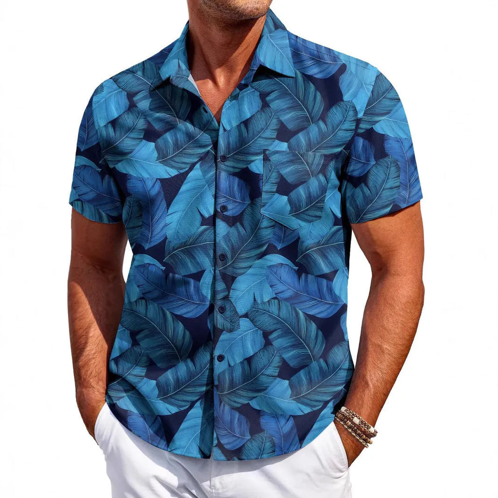 Men's slim fit Hawaiian short sleeve shirt in stretch polyester fabric showing colour options