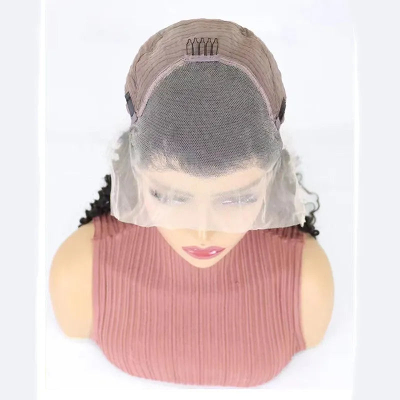 A solid colour human hair half lace wig displayed on a stand, showing its natural-looking hairline and long, straight style.