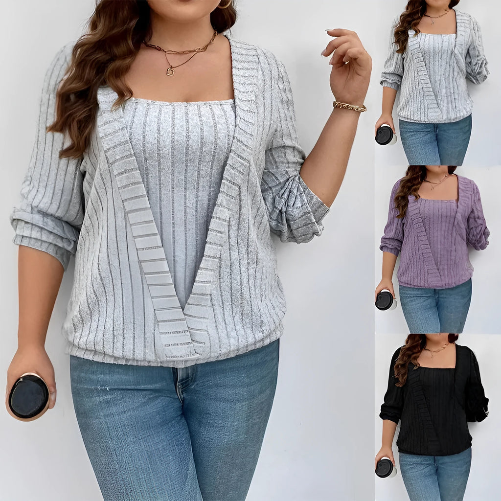 Women's solid colour ribbed false two-piece suit with V-neck and long sleeves in loose fit.