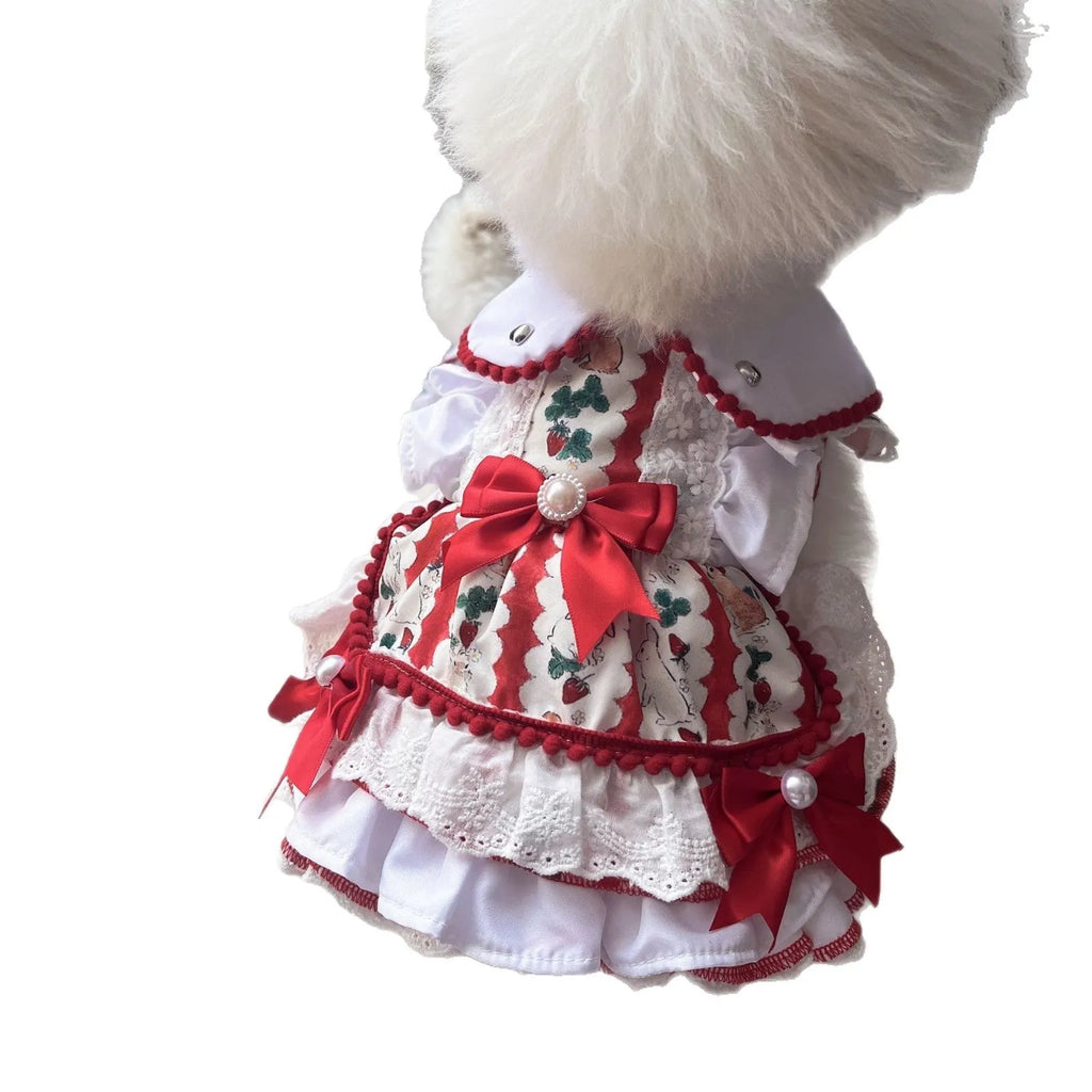 Rabbit skirt princess style polyester dress for small dogs on a size chart showing XS to XL measurements