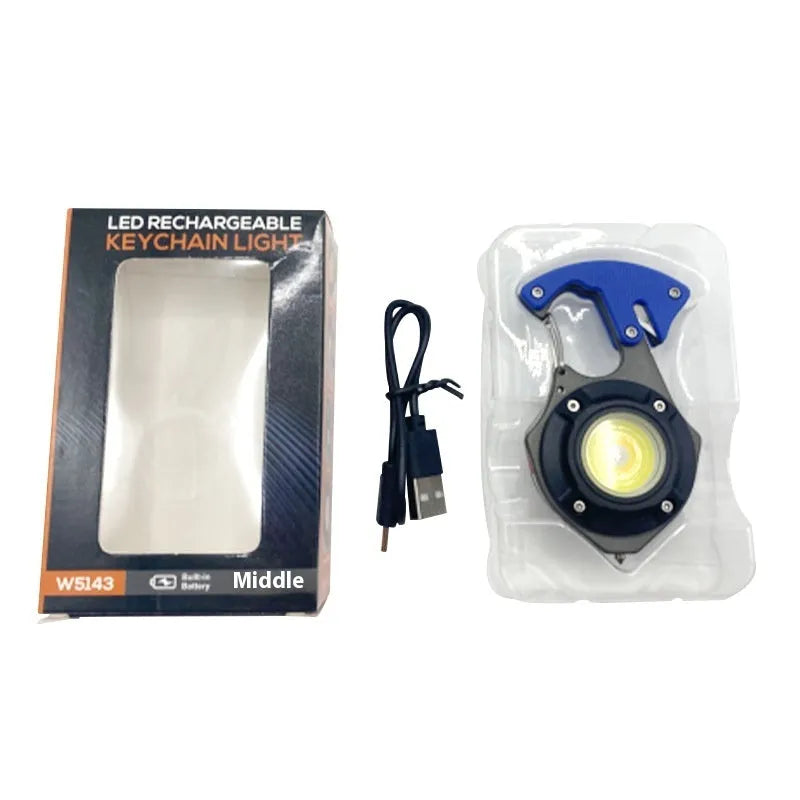Portable multifunctional keychain flashlight with aluminium body, display screen, and window breaking hammer tip.