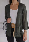 Women's thin waffle knit cardigan coat with nine-quarter sleeves and front pockets in army green.
