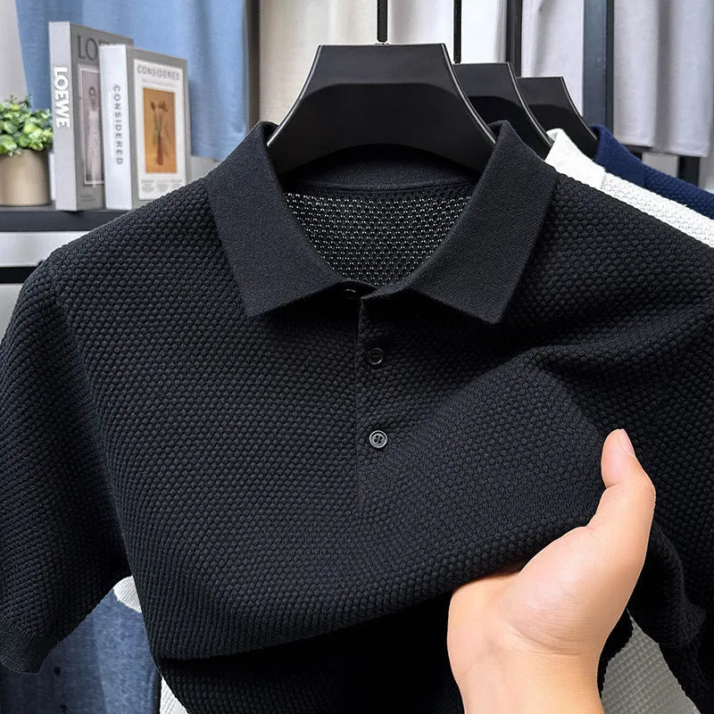 Men's loose fit cotton short sleeve sweater in six colour options showing pullover style