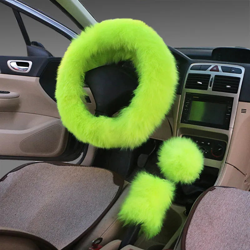 Wool steering wheel cover and handle covers three-piece set in multiple colour options for 38cm diameter wheels