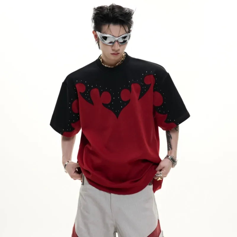 Men's grey cotton t-shirt with three-dimensional stitching and burnt flower rhinestone design on front
