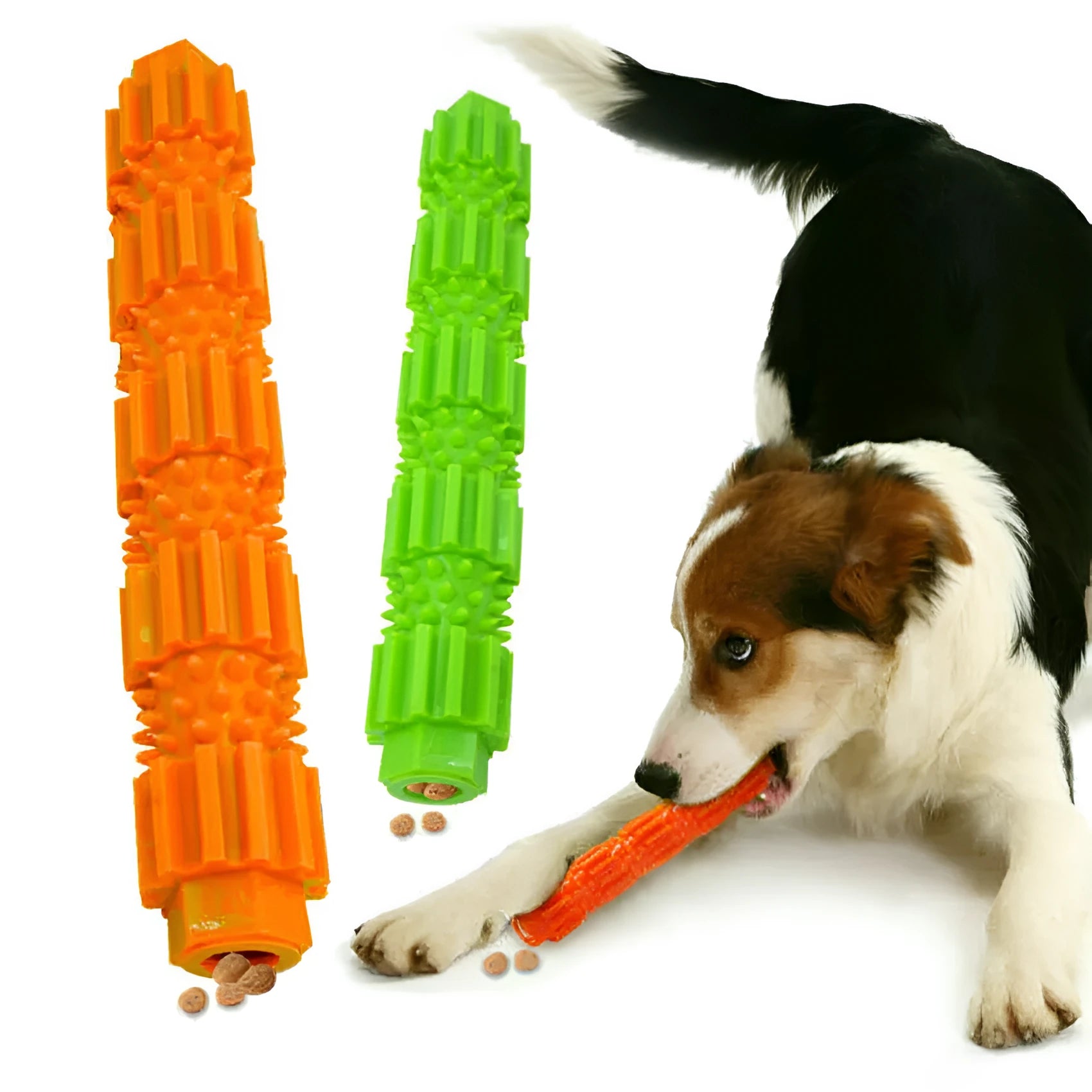 Green and orange rubber dog chew toy with treat dispensing opening and textured teeth cleaning surface