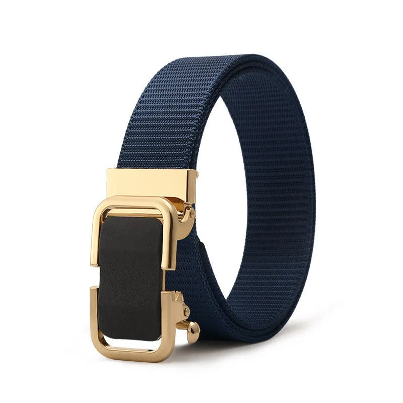 Men's nylon canvas belt with toothless alloy buckle shown in multiple colour options.