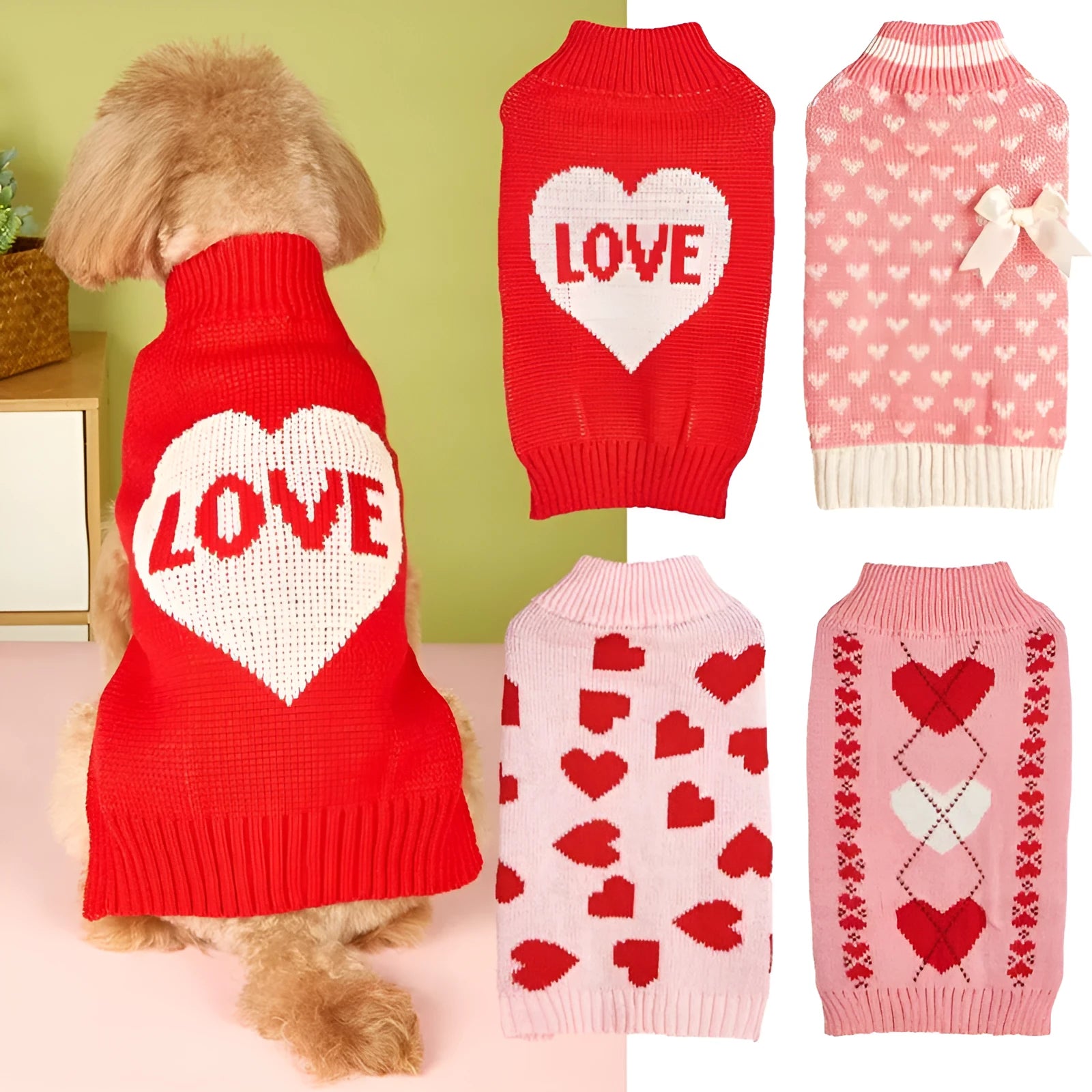 Small dog wearing a pink acrylic sweater with a bow and love heart design in ins style