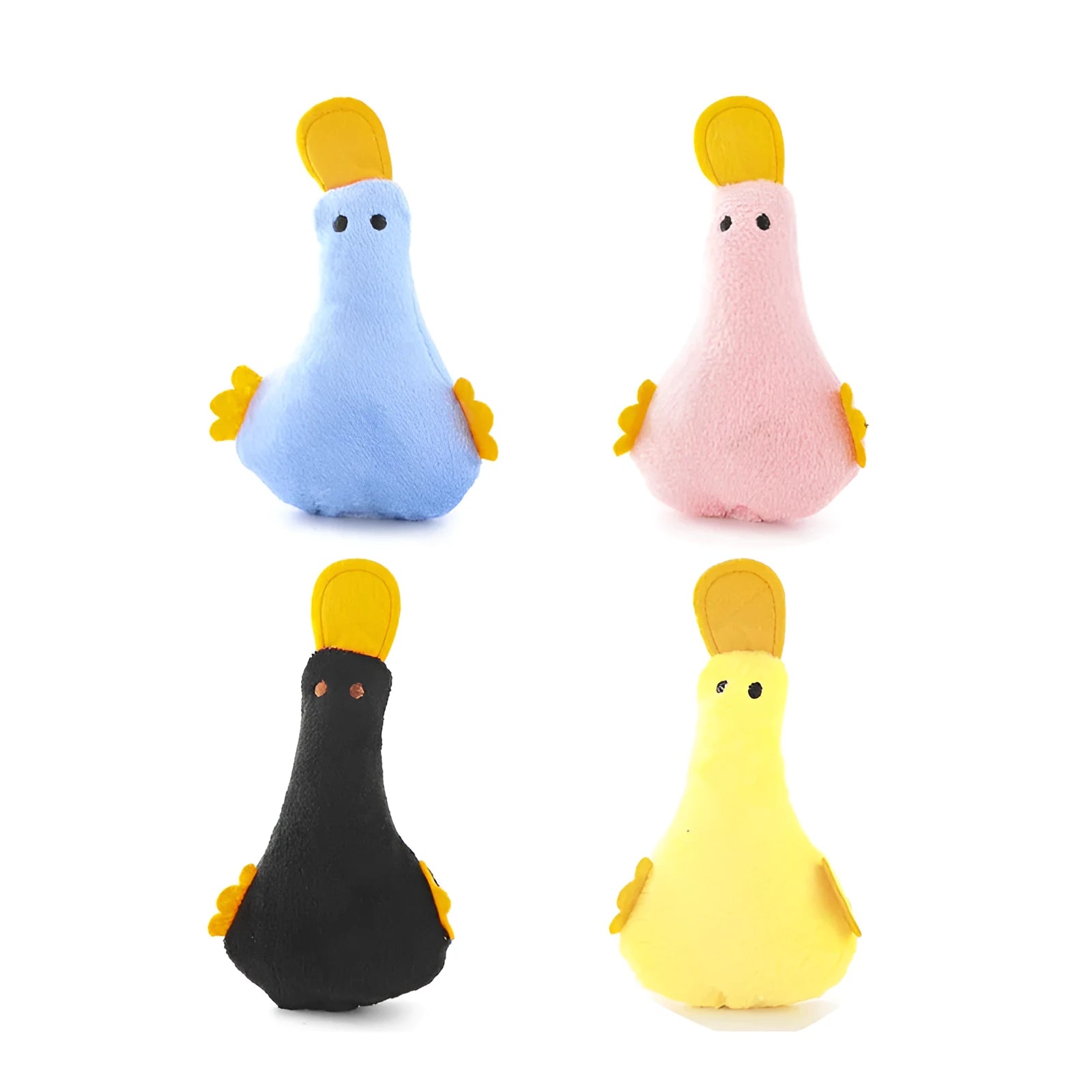 Yellow duck plush pet toy with squeaker, catnip filling, and internal rattle paper for cats and dogs