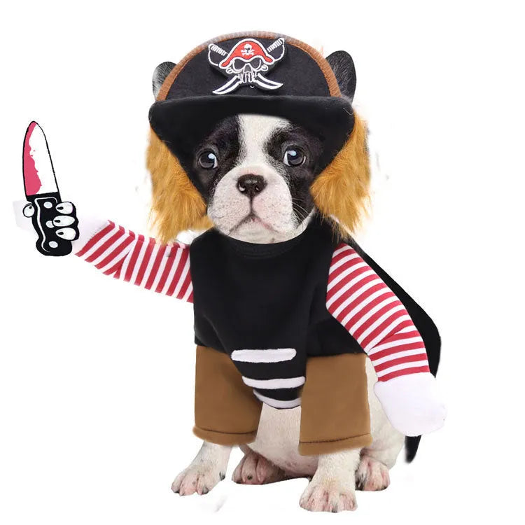 Pirate pet costume for dog or cat made from polyester, includes hat, available in multiple sizes